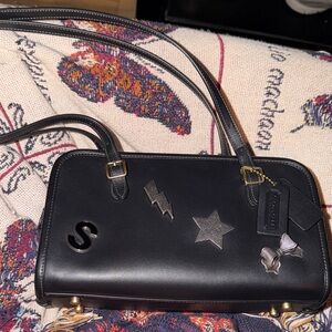 Coach Swing Zip Black Leather Shoulder Bag with Charms